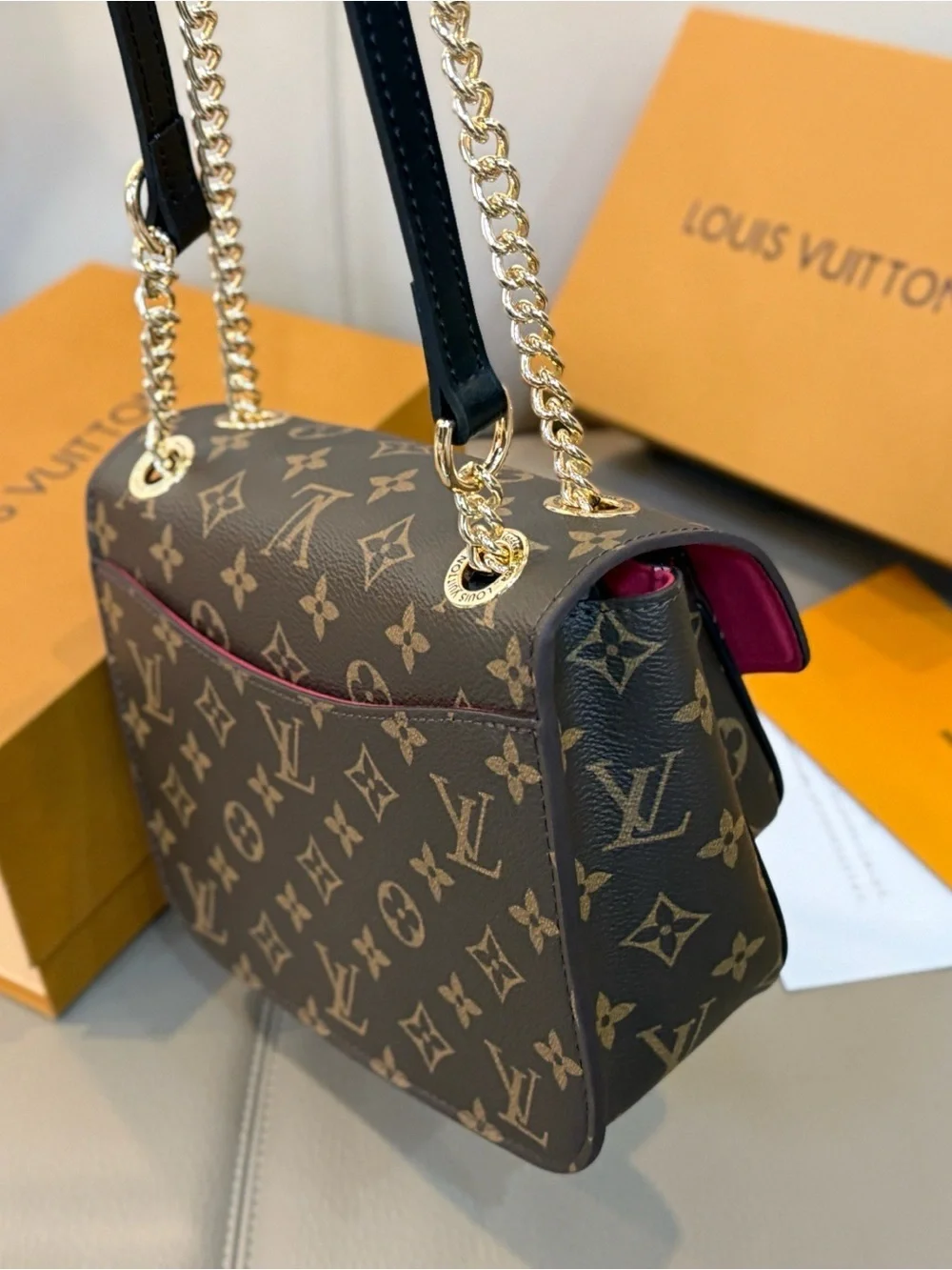 Louis Vuitton Brown Monogram Shoulder Bag with Gold Chain